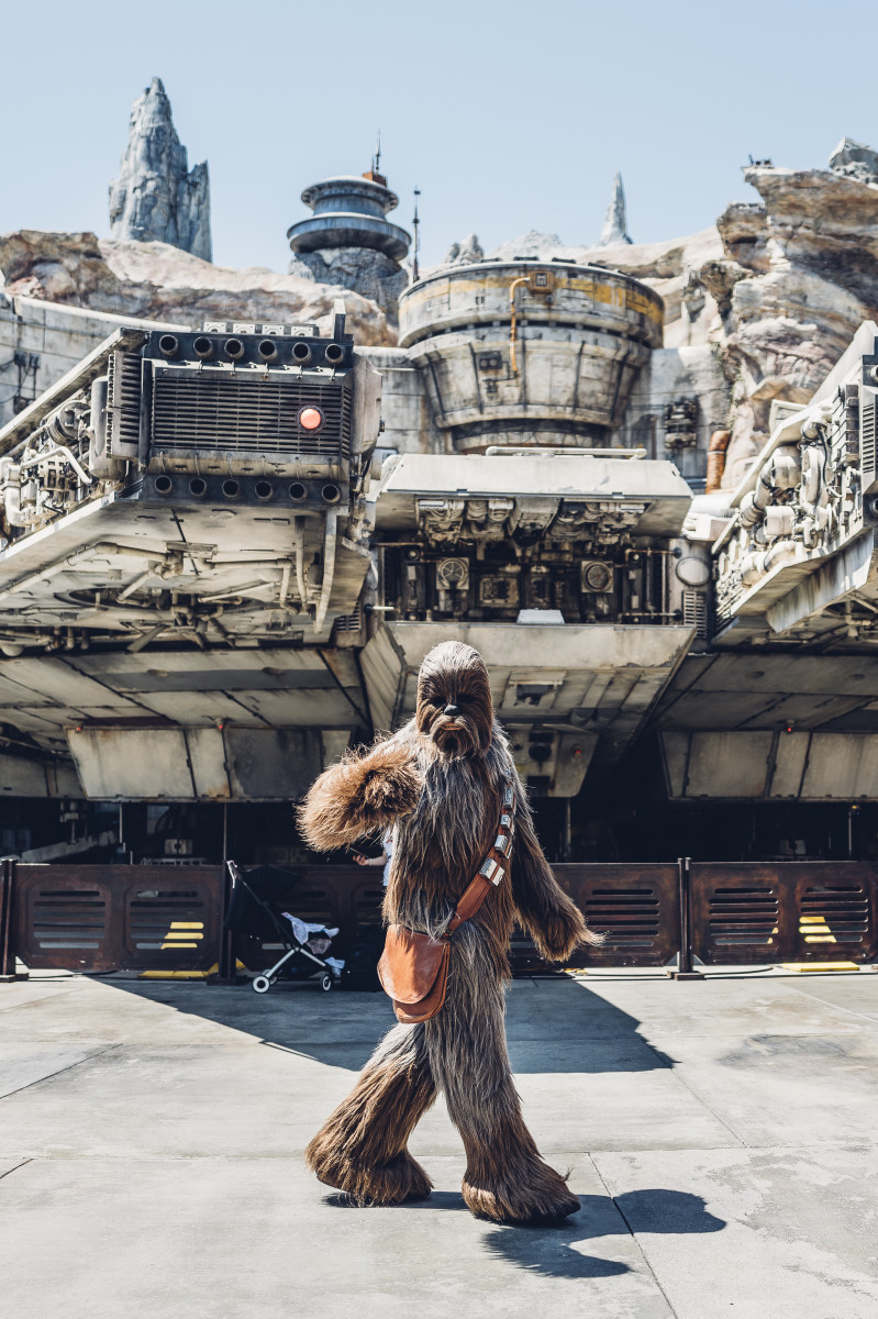 Chewbaca aus Star Wars vor einem Modell des Millenium Falcon