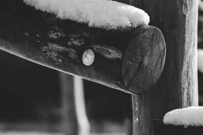 Holzbalken mit Schnee, von dem Wasser tropft